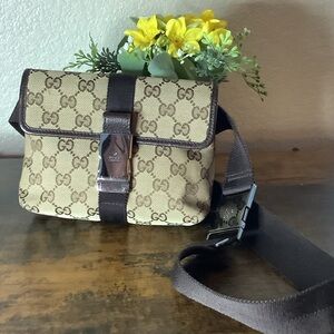GUCCI GG Canvas Waist Bag, Pouch, Beige Leather, Dark Brown, 131236